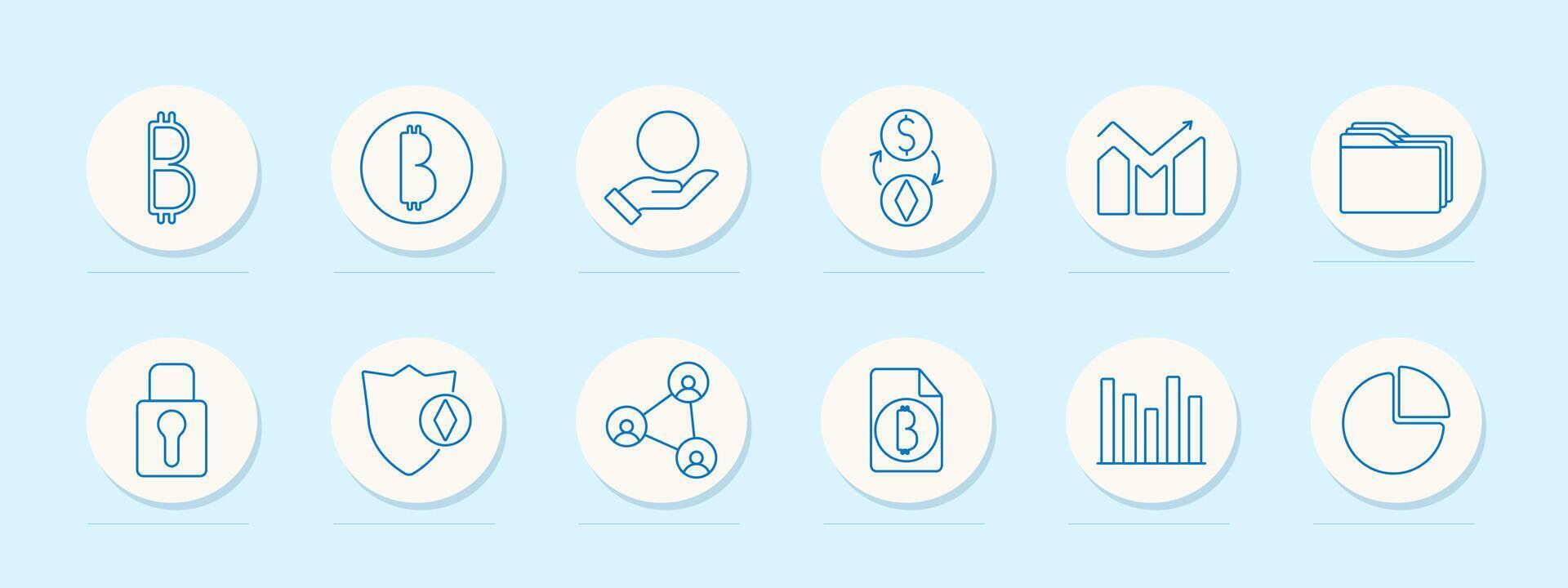 Crypto network set icon. Bitcoin, donation, swap, graph, folders, lock, shield, connection, statistics, analytics, data, finance, token, blockchain, security vector