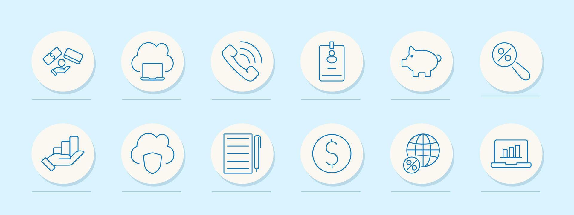 Fintech service set icon. Payment, cloud, phone, badge, piggy bank, magnifier, pen, chart, coin, percentage, report, analytics, notebook, protection, global vector