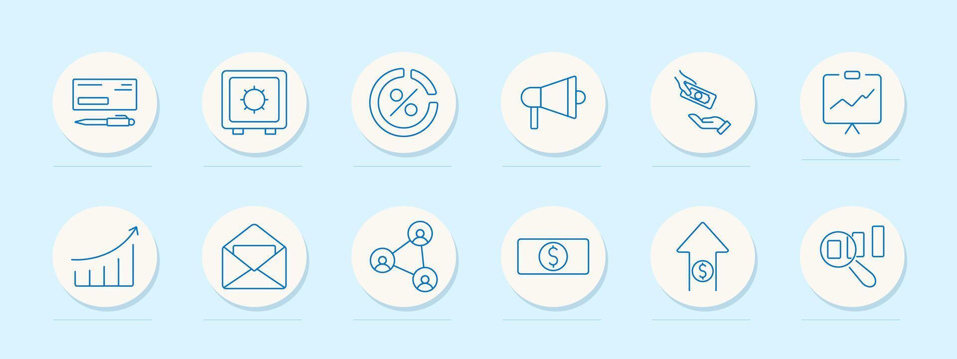 Financial services set icon. Check, vault, percent, speaker, cash, presentation, chart, mail, network, banknote, growth, magnifier, market vector