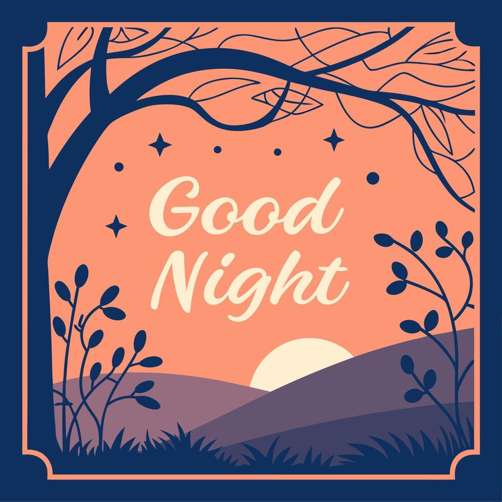 Illustration with text good night. Landscape with setting sun, tree and a hills background. vector