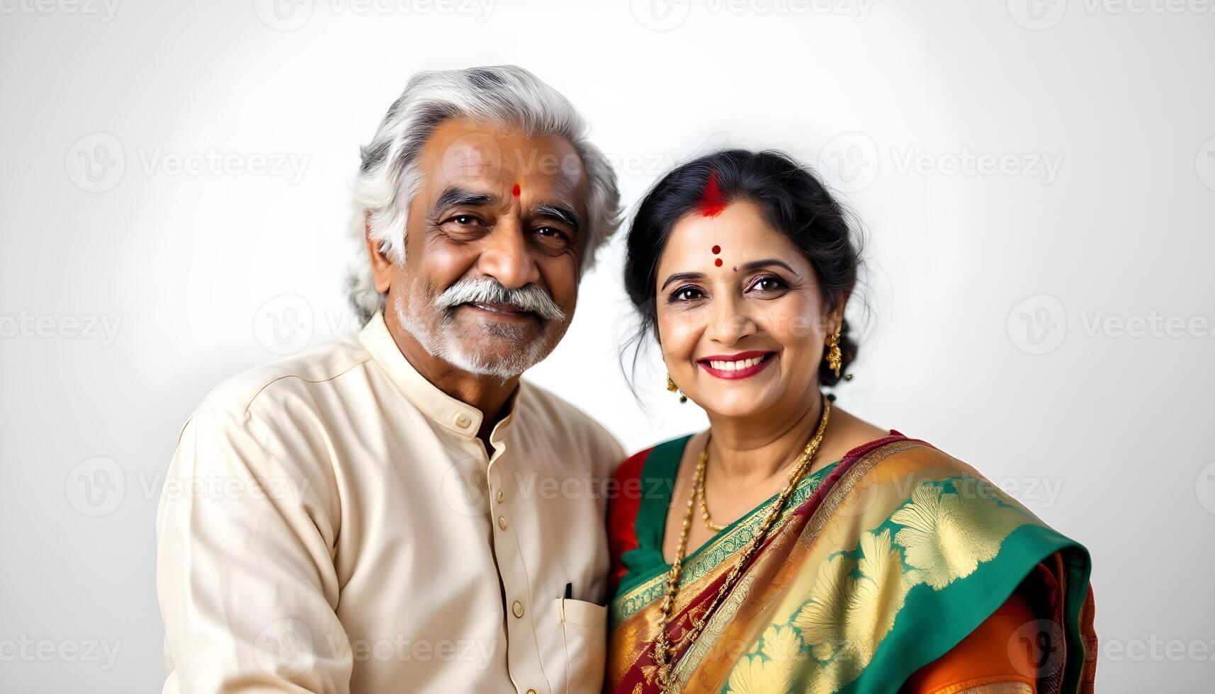 Older Indian happy couple, white background isolated, studio, perfect shot, everything fit in frame, sharp perfect, photo
