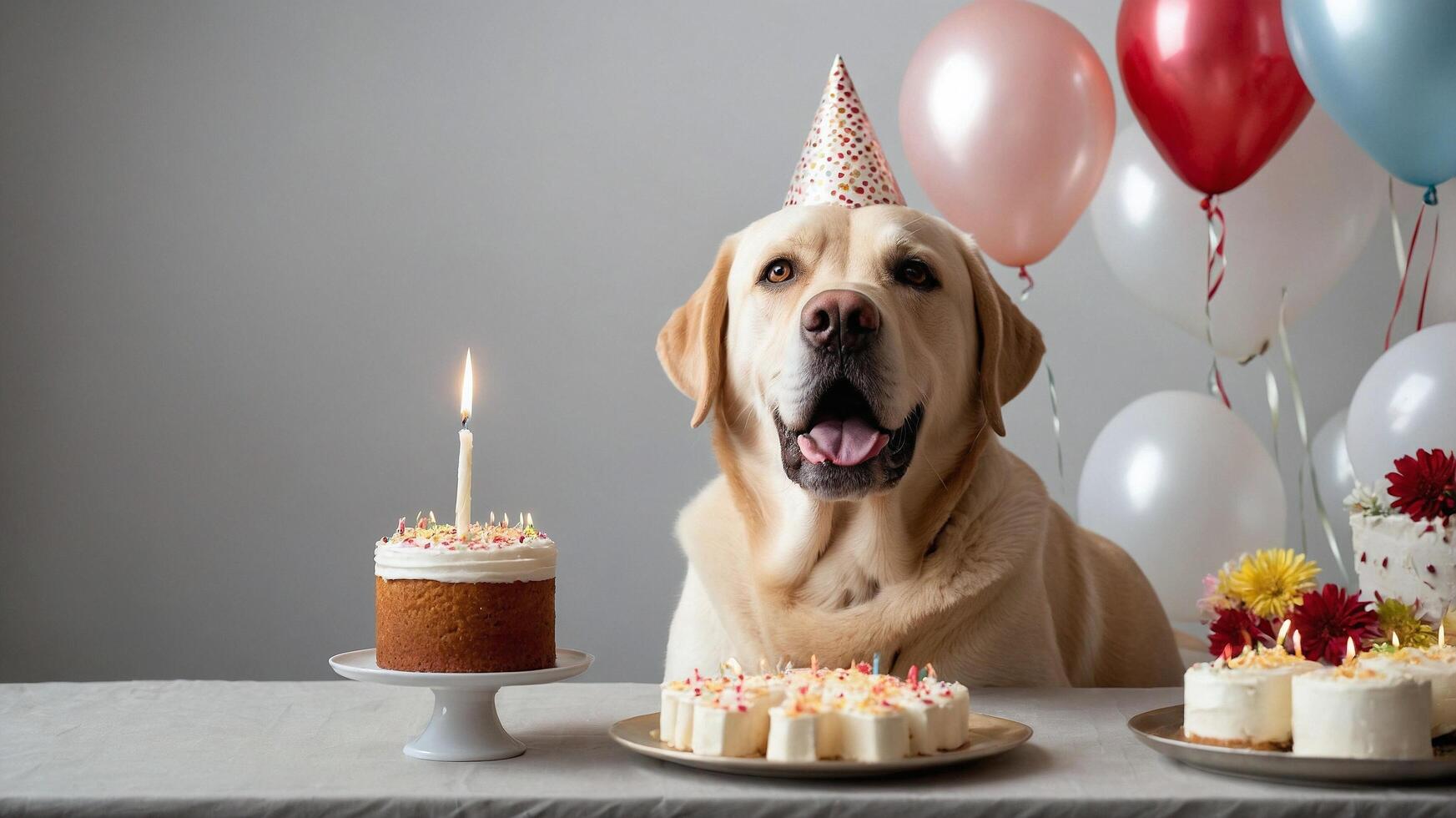 a dog is sitting at a table with a cake and candles photo