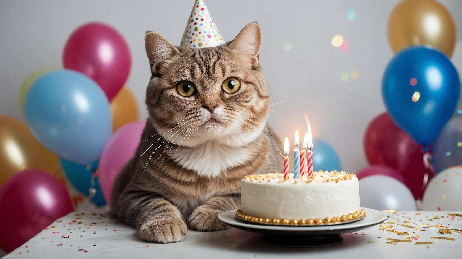 a cat wearing hat sitting in front of a birthday cake with candles photo