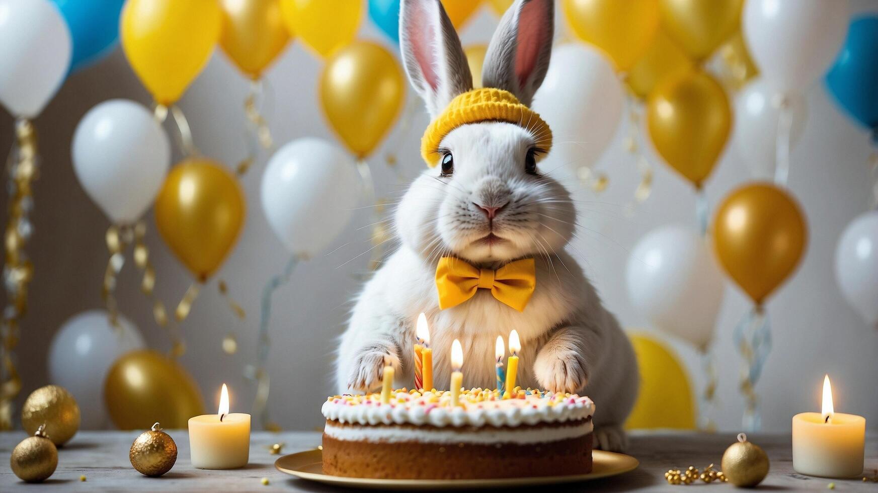 a white rabbit wearing a bow tie and a hat is sitting on a cake with candles photo
