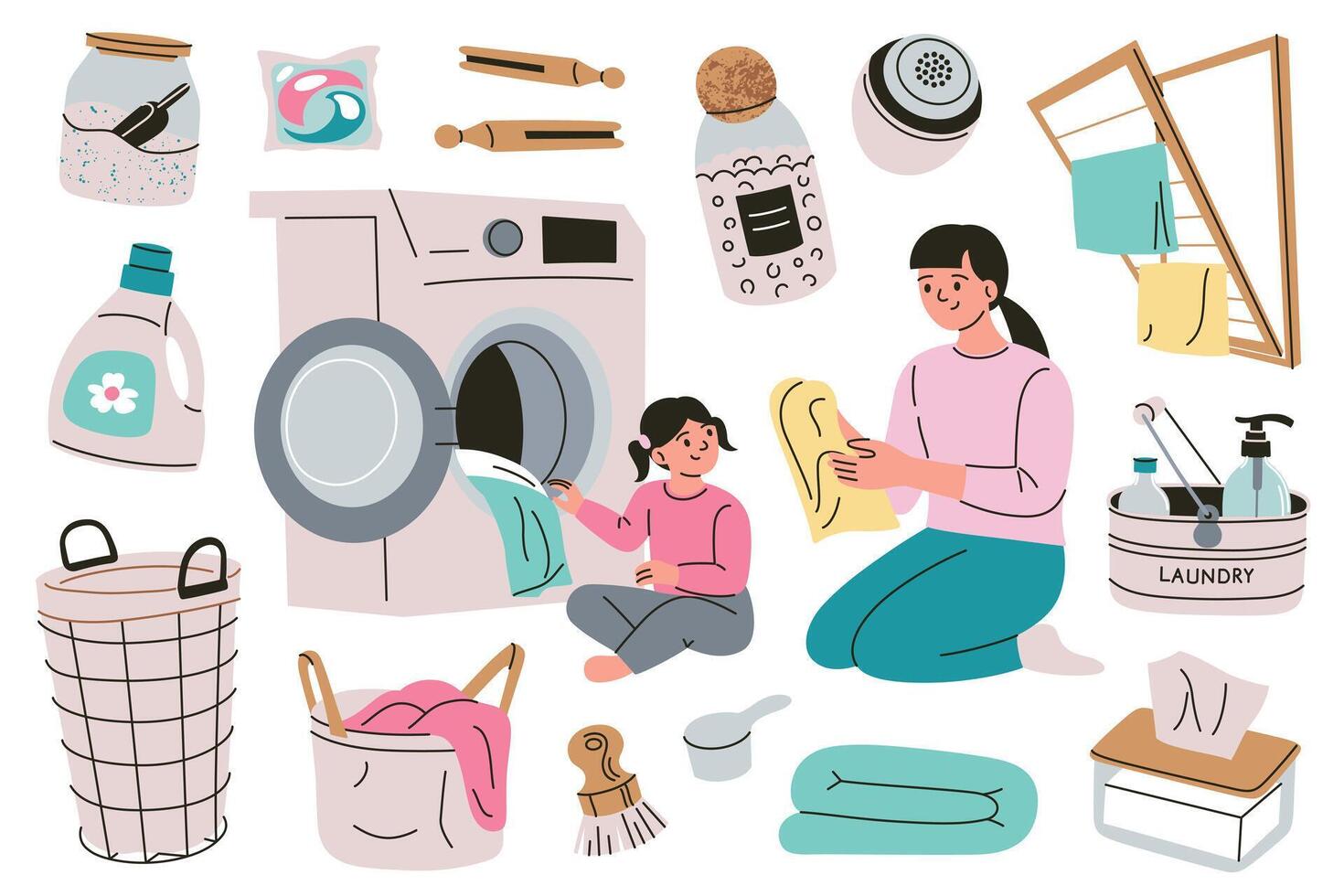 Flat cartoon illustration of girl and mother loading washing machine. Laundry basket, detergent products, capsules, fabric softener, drying rack doodle icons. Household, family chores, cleaning vector