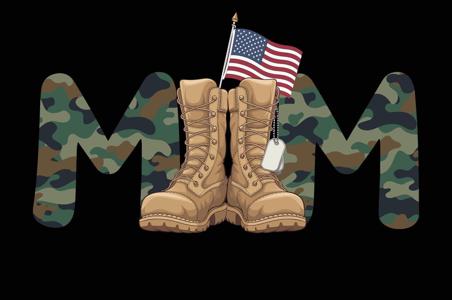 Military Mom Design with Camouflage Letters, Combat Boots and American Flag vector