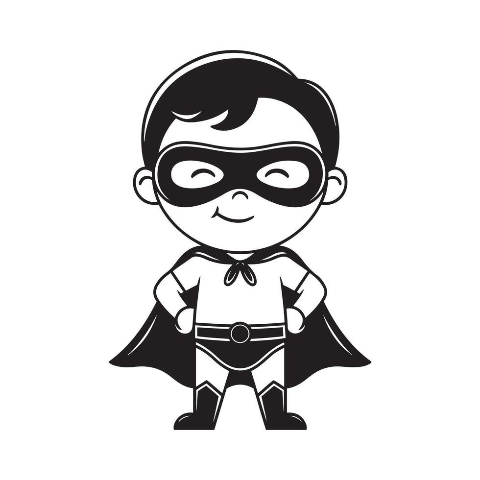 A cheerful, black and white cartoon illustration of a child dressed as a superhero. vector