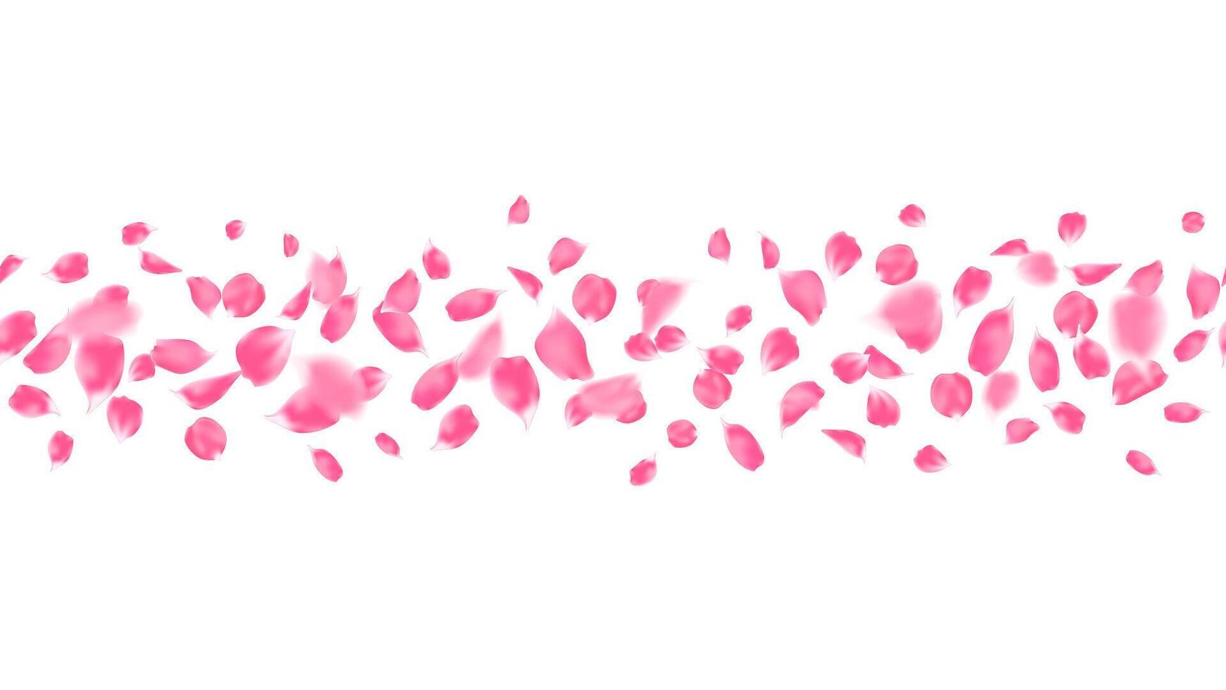 Realistic pink rose petals border banner seamless horizontal. flower petal floating decoration festive vector