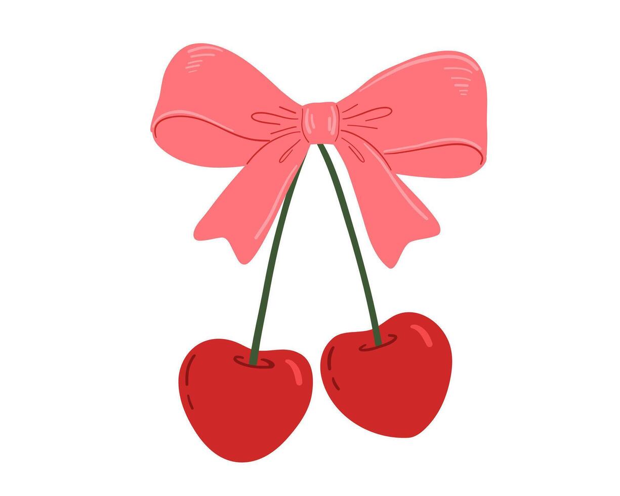 Coquette bow with hearts cherry drawing, flat illustration isolated on white, red ribbon and fruit vector