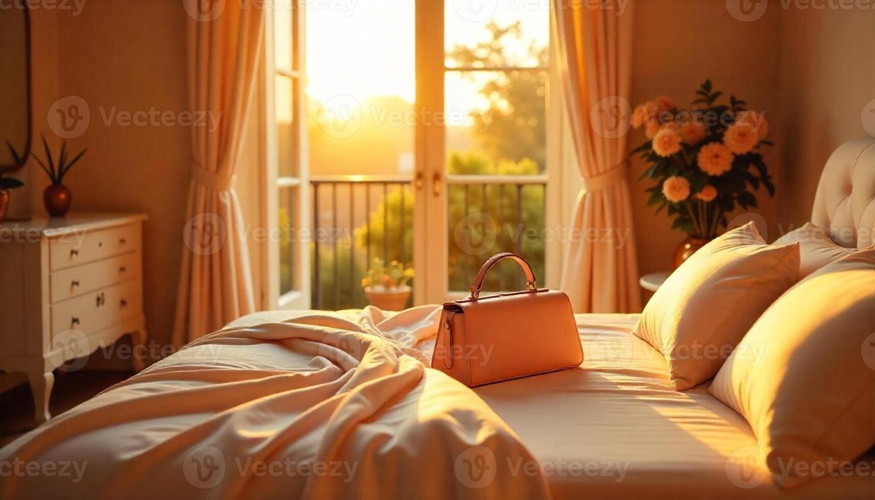 A bed with white sheets and a purse on top photo