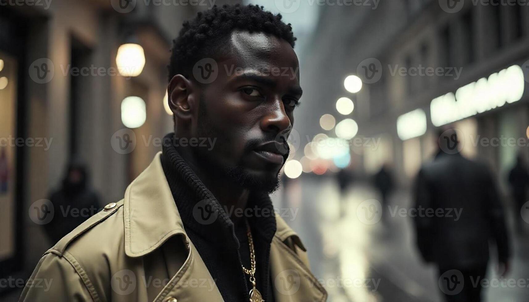 A man in a trench coat standing in the middle of a city street photo