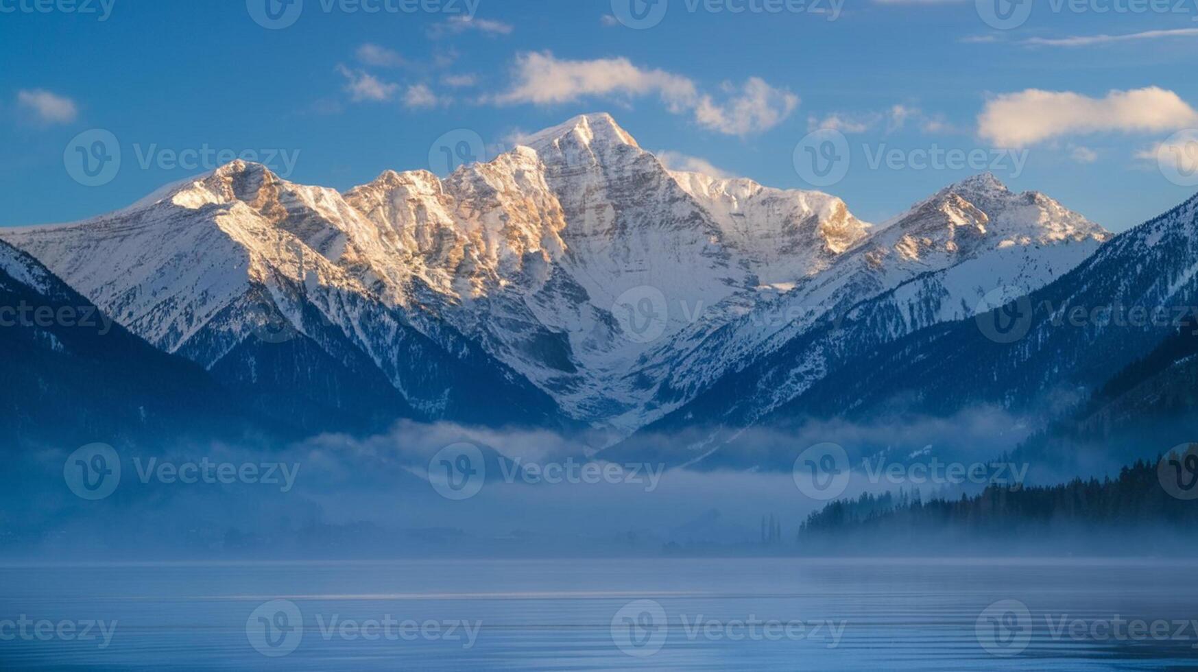 A mountain range is seen in the distance with a lake photo