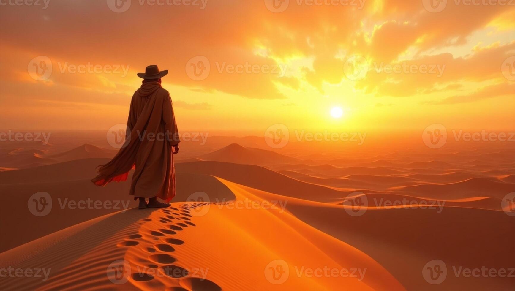 A man in a desert with his back to the sun photo