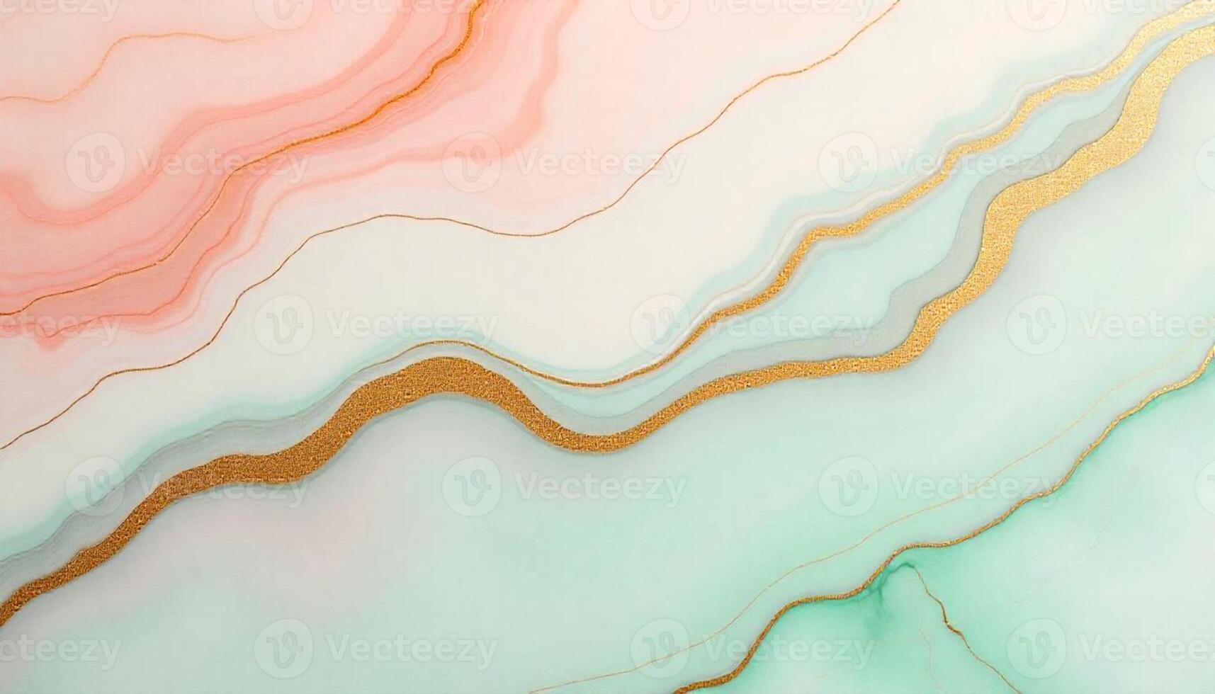 A marble wall with gold lines and pink and green colors photo