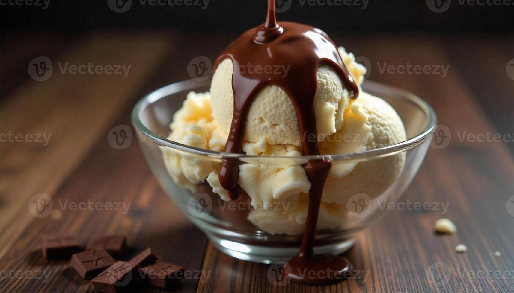 Chocolate ice cream with chocolate sauce drizzled on top photo