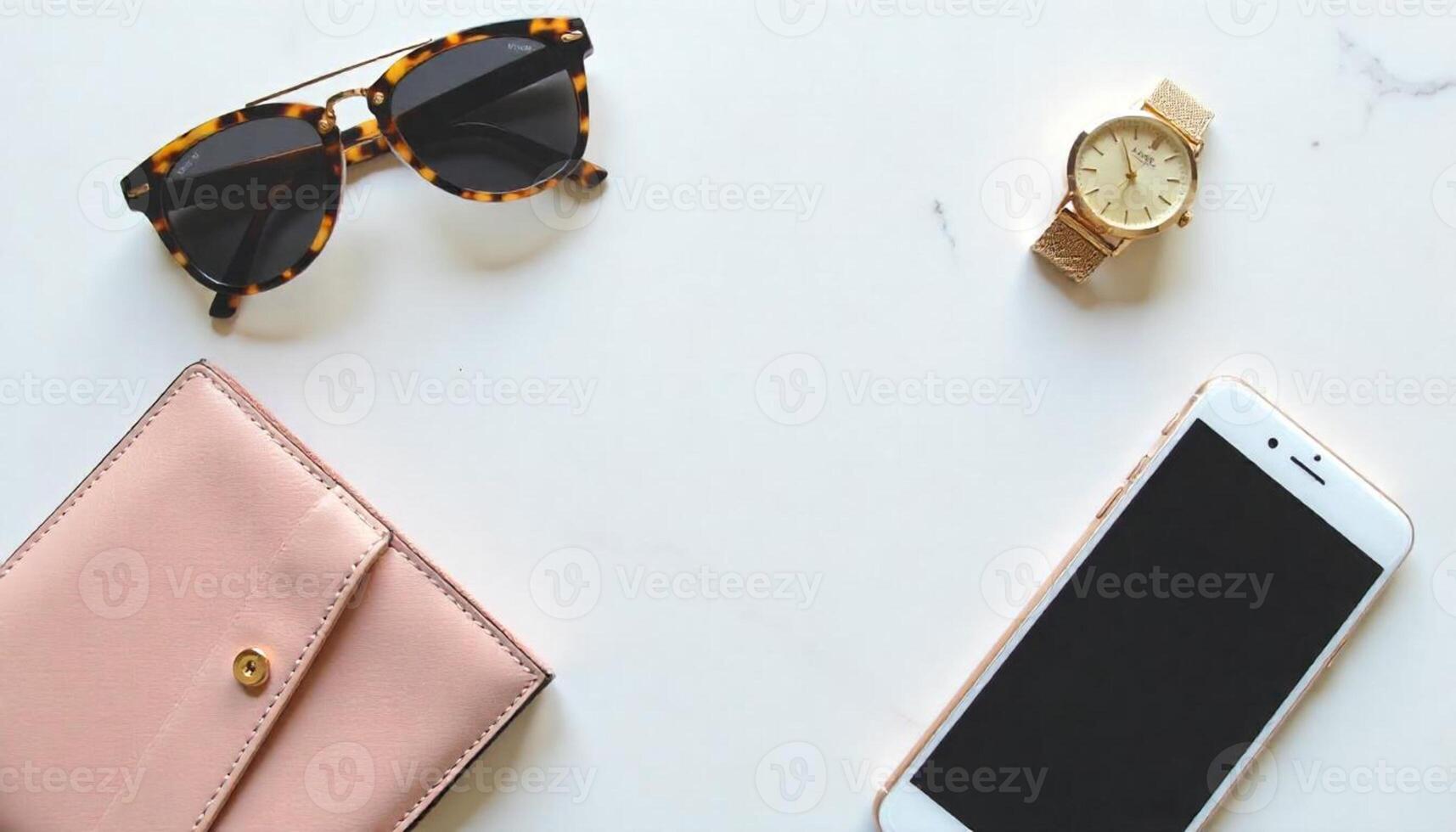 A pink phone, sunglasses, and wallet on a white surface photo