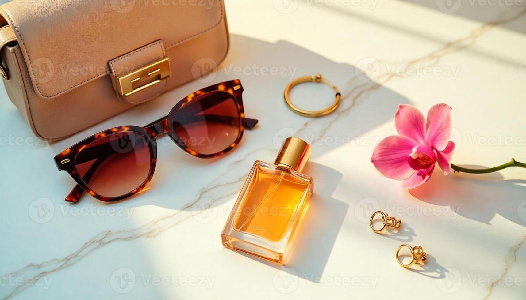 A purse, sunglasses, and a flower are on a white surface photo