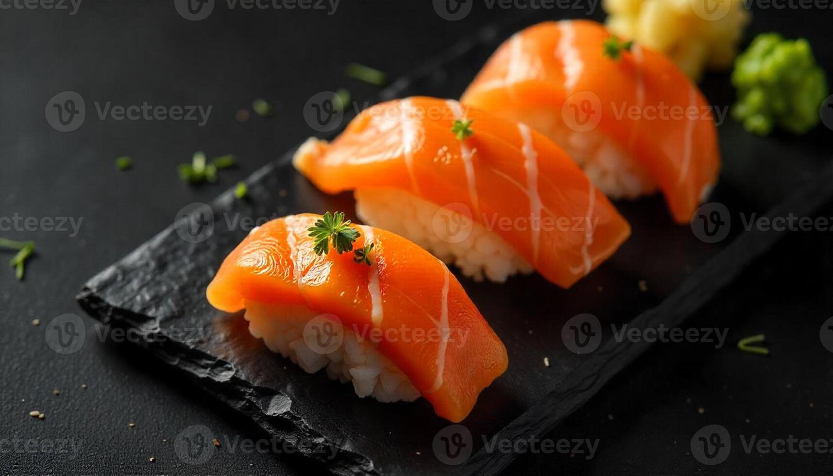 Three pieces of salmon on a black slate photo