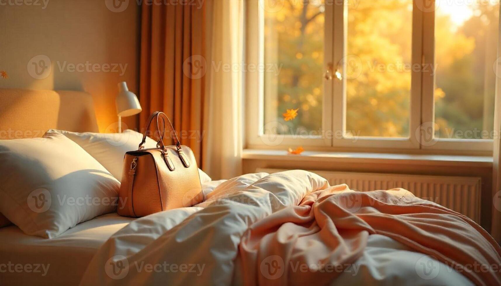 A bed with a purse and a blanket on it photo