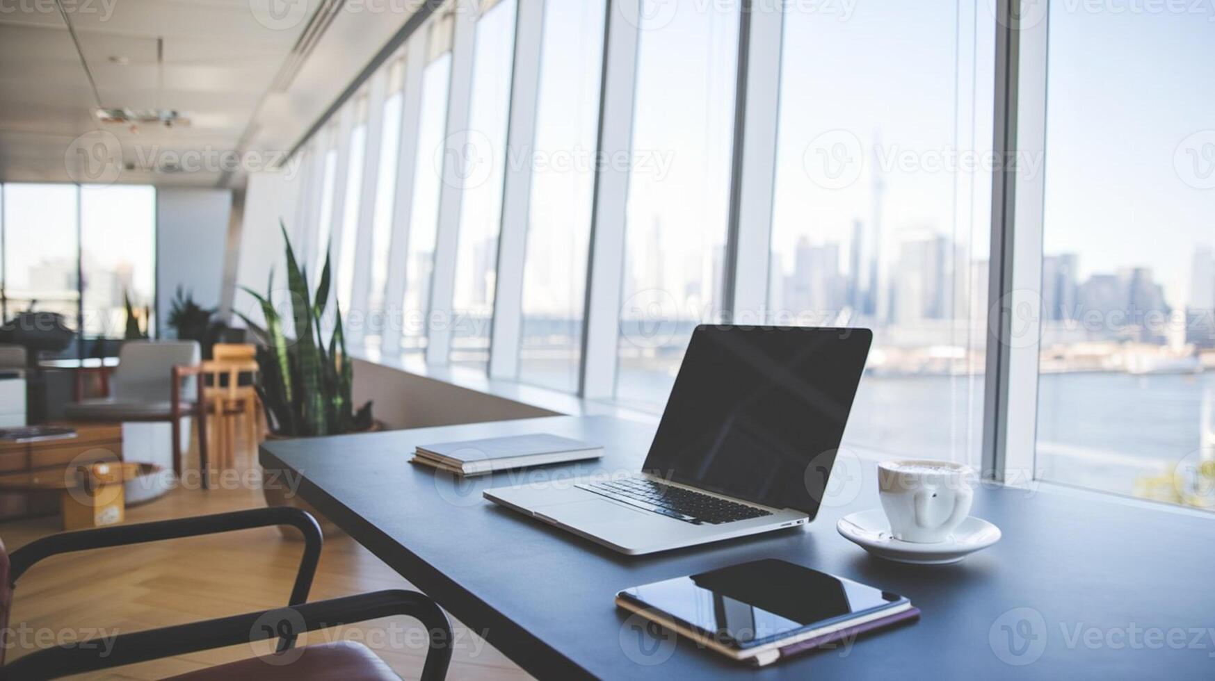 A laptop sits on a table in front of a window photo