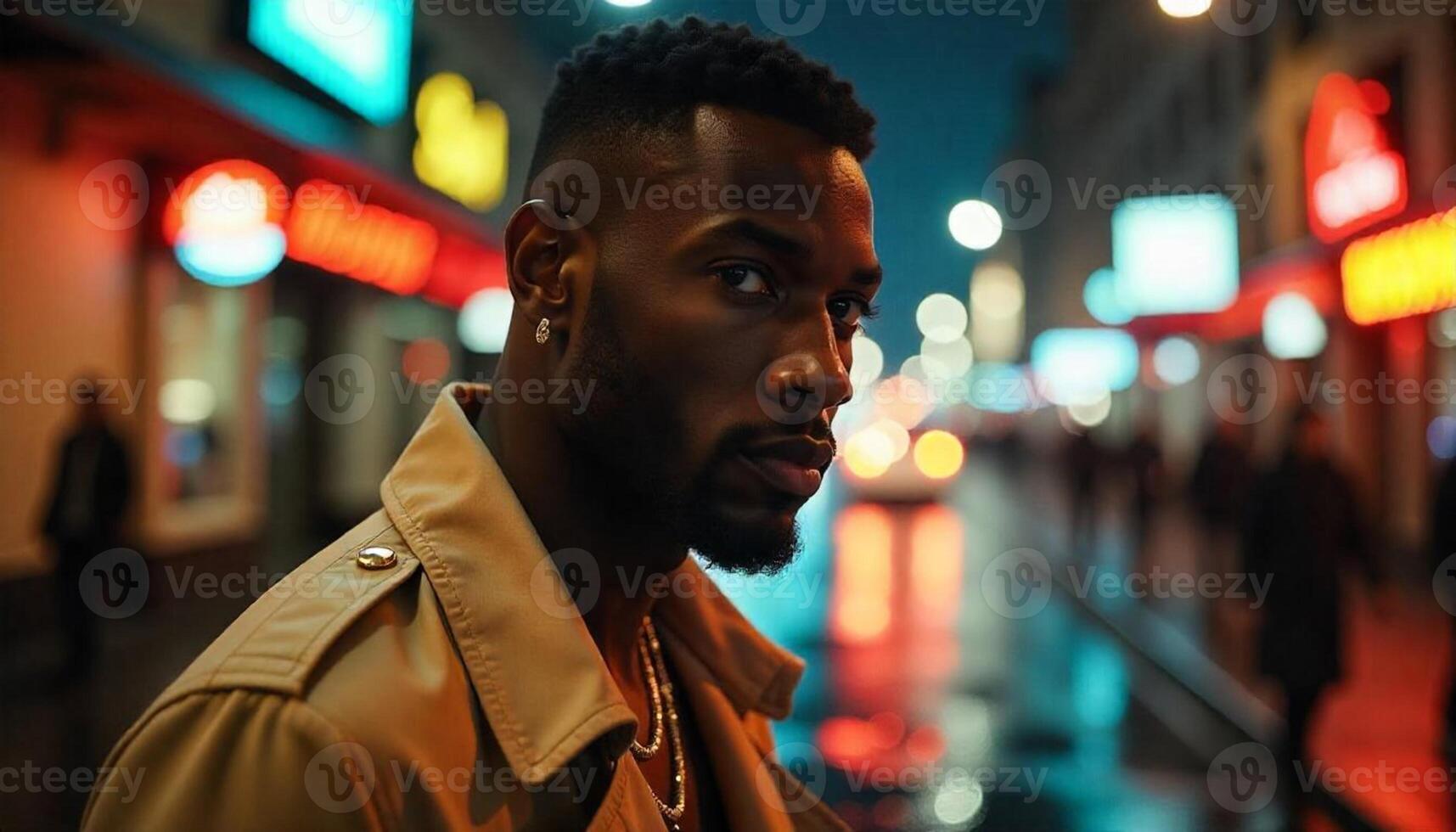 A man standing in the middle of a city street at night photo