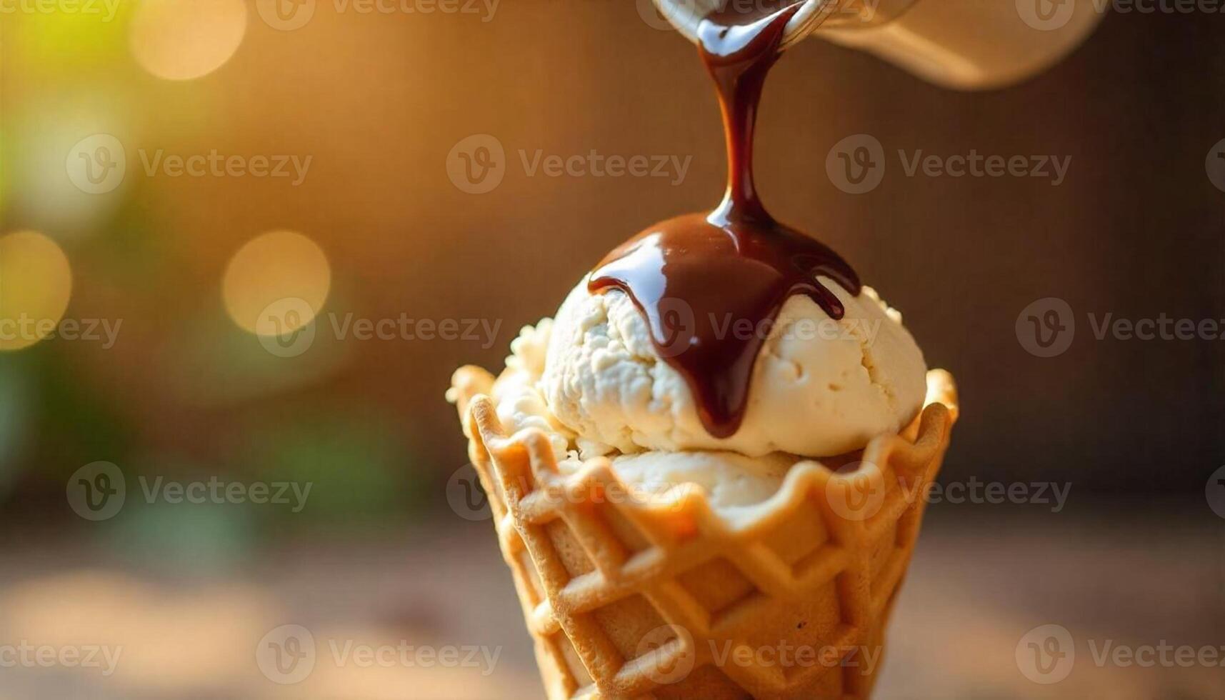 Chocolate syrup being poured over ice cream in a waffle cone photo