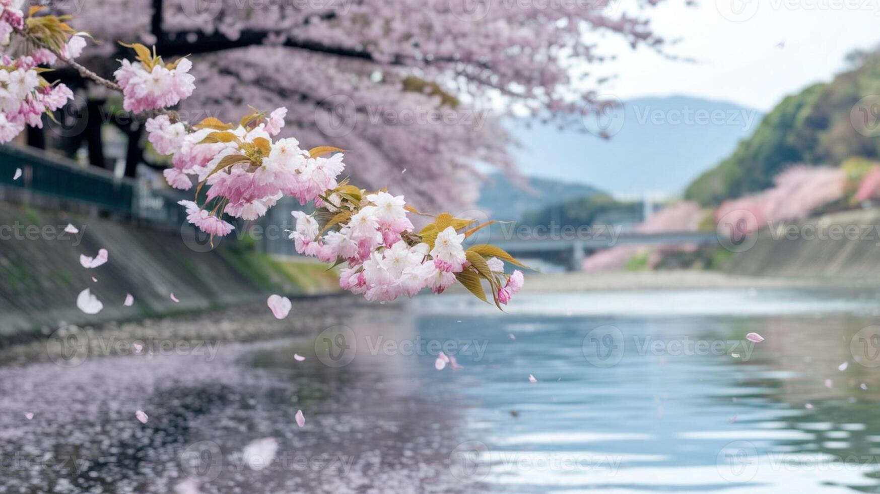 Cherry blossoms are blooming along the river photo