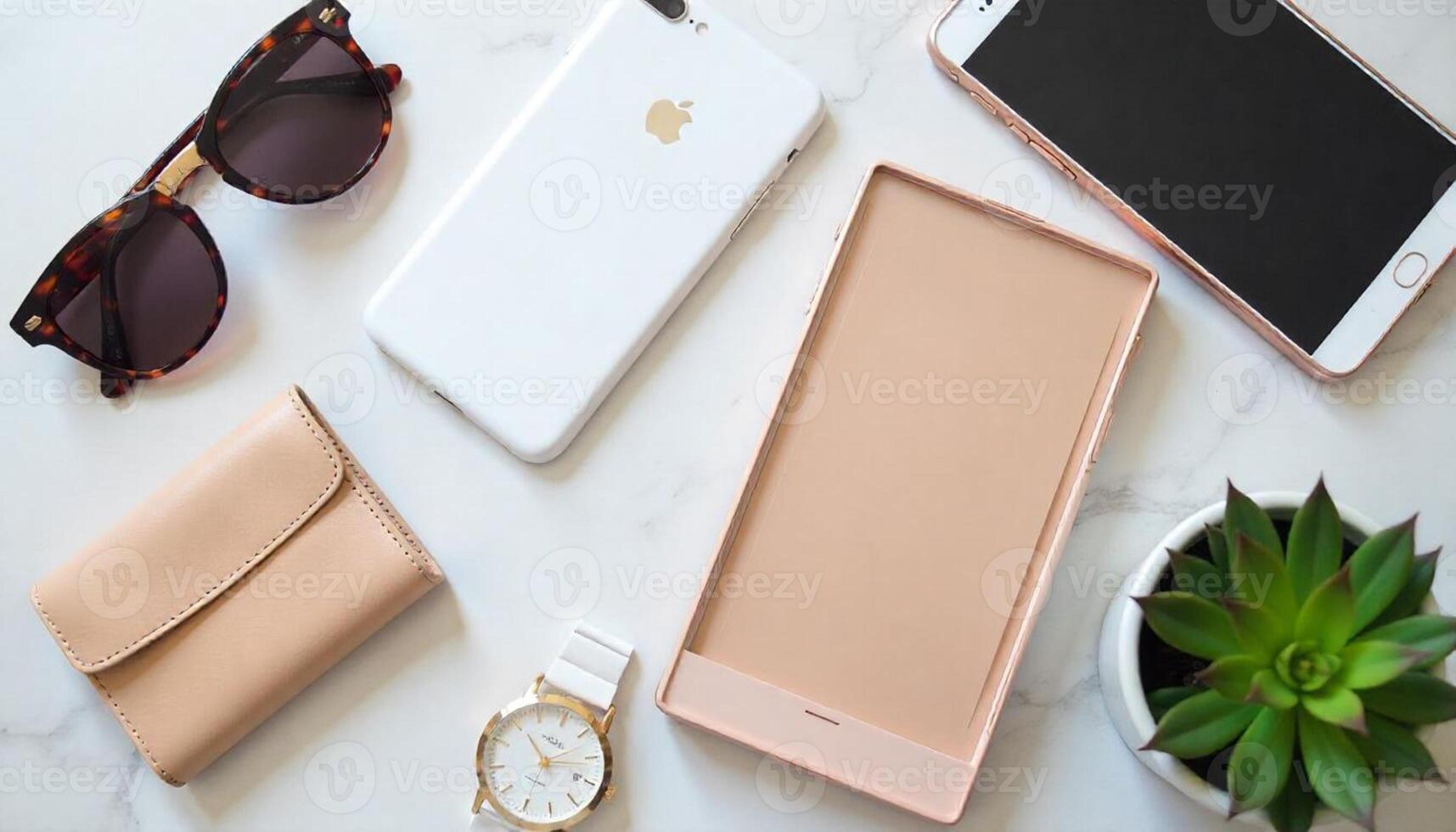 A white marble table with a cell phone, wallet, sunglasses and other items photo