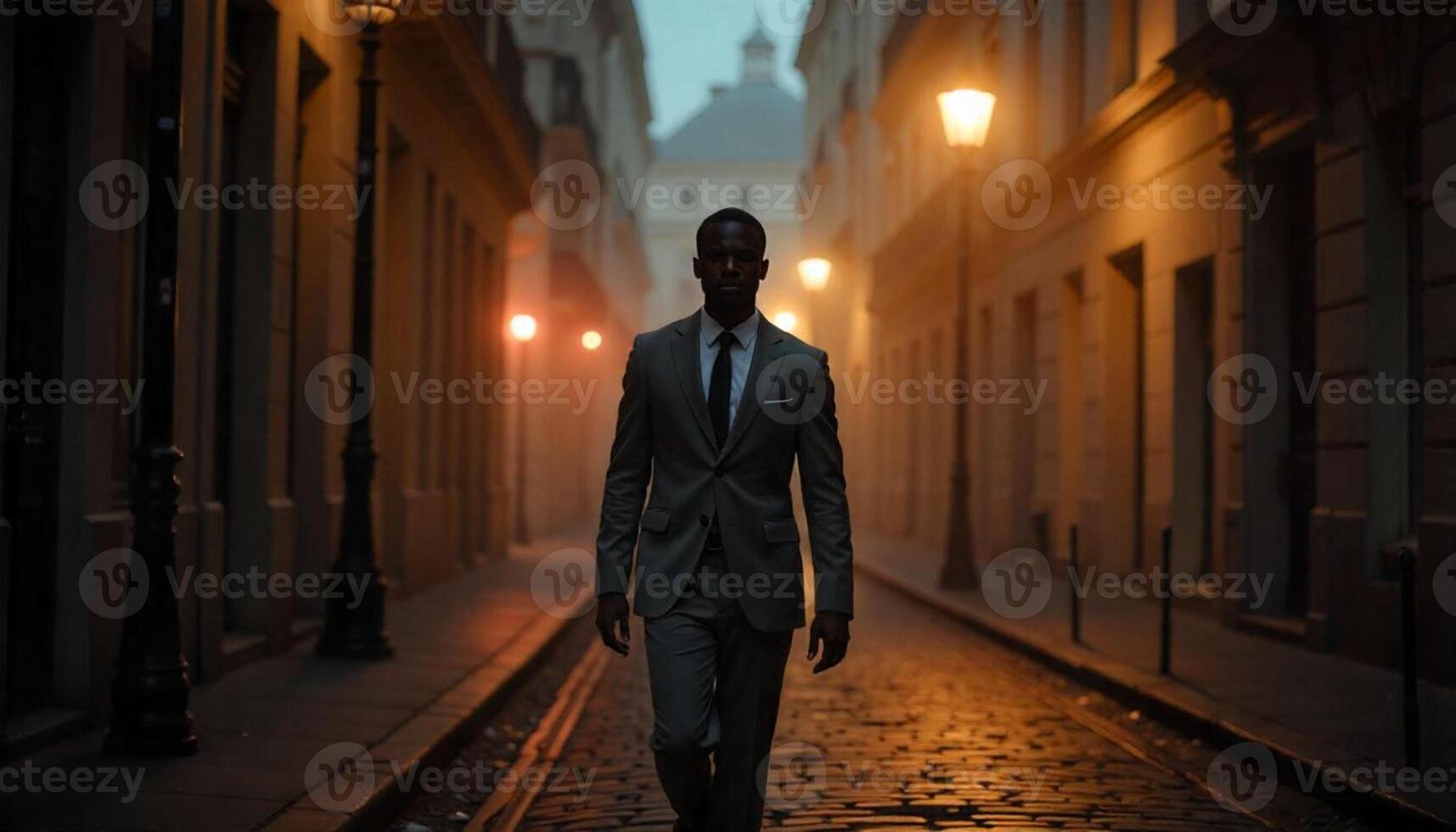 A man in a suit walks down a cobblestone street photo