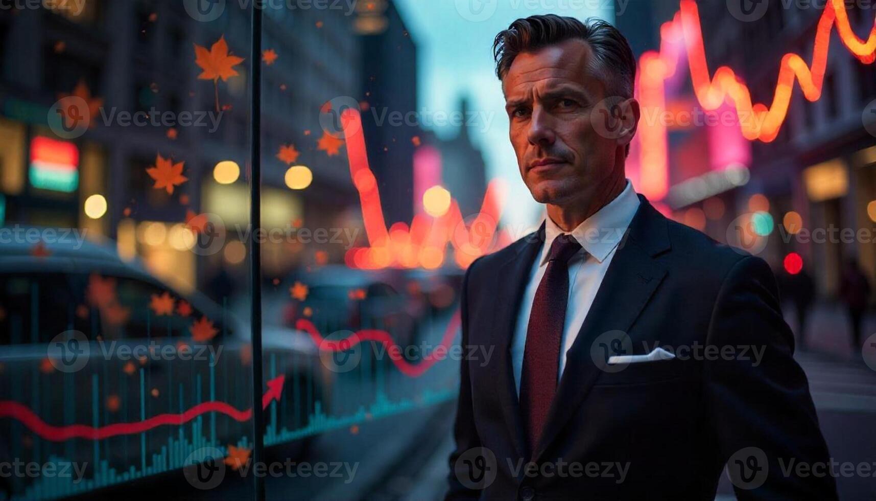 A man in a suit stands in front of a stock market graph photo