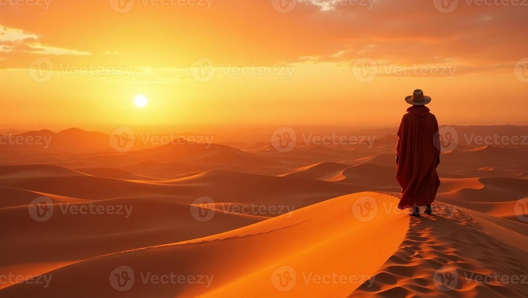 A man in a red robe stands in the desert at sunset photo