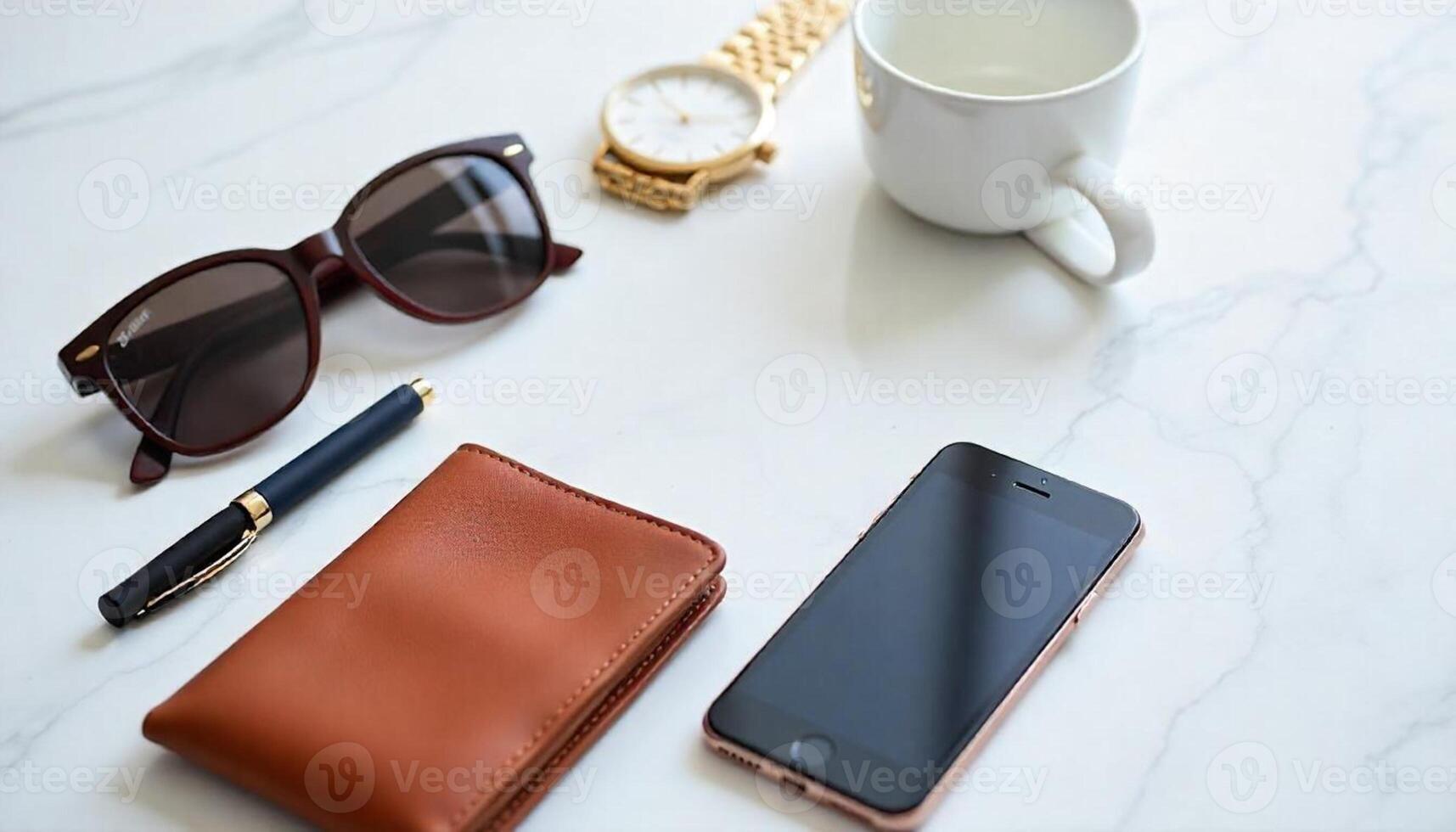A wallet, phone, sunglasses and a coffee cup on a marble counter photo