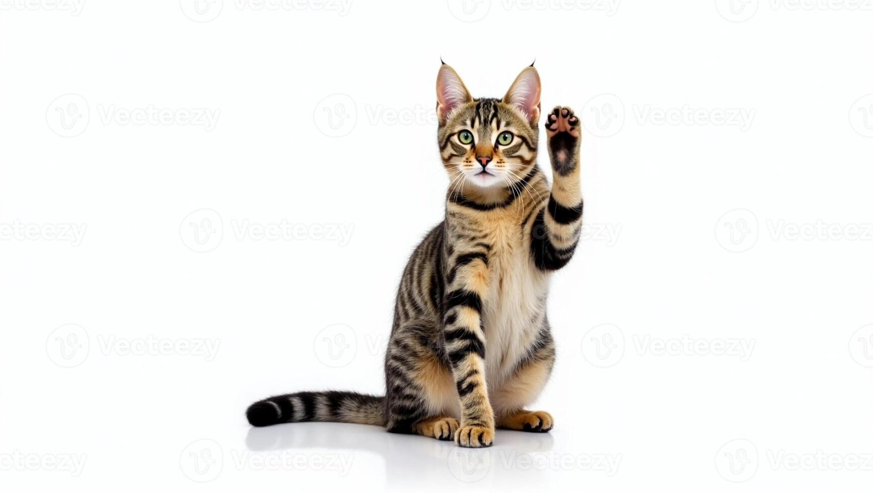 A striped cat is standing up and waving photo