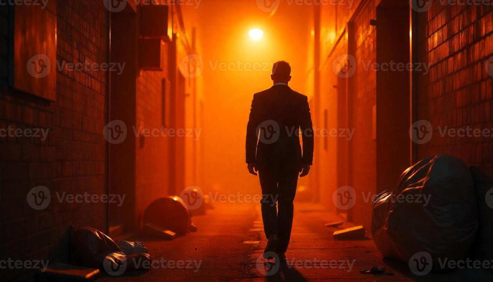 A man walks down an alleyway at night with a flashlight photo