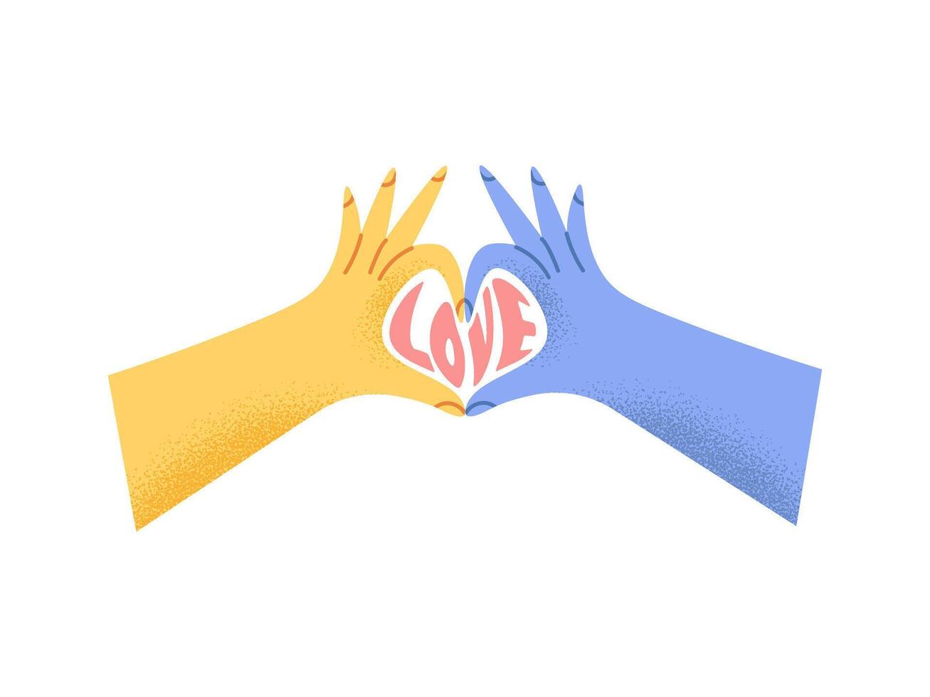 Heart fingers. Fingers of hands folded in shape of heart. Colorful hands with grainy texture and love text. illustration vector