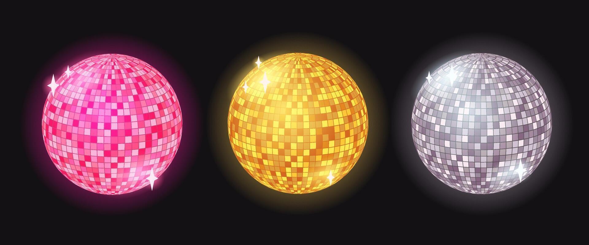Set of colorful disco balls. Glowing glass spheres for retro party. Pink, gold and silver disco balls. cartoon illustration vector