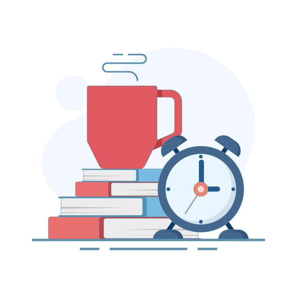 Break Time, Clock and Coffee Cup Concept. It's time to take a break, it's time to drink coffee to relax and refresh yourself from prolonged stress, free from boredom. Flat Design Illustration. vector