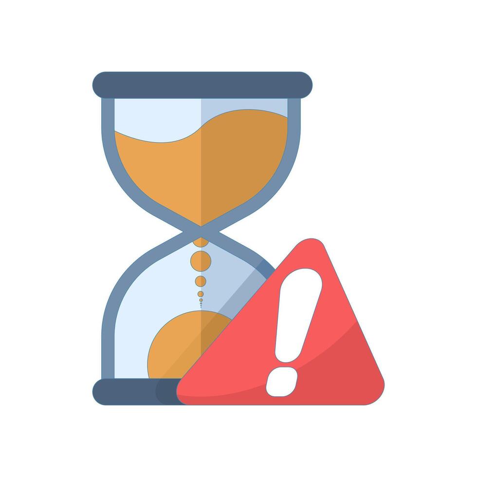 productivity, scheduling and reminder concept. Hourglass with exclamation mark, symbolizing remaining time, urgency, deadline, countdown or time-related warning. flat illustration. vector