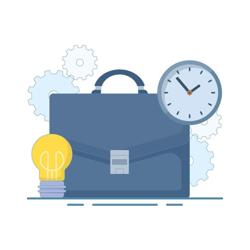 Office Bag Work Clock Concept with Clock. Time management, work deadlines or work time planning. Business concept. Flat cartoon design illustration on background. vector