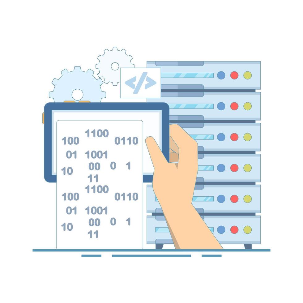 Big Data Application Concept.Data Server with Tablet. Important data storage, and cloud technology, Cloud computing service business technology concept, Flat illustration on background. vector