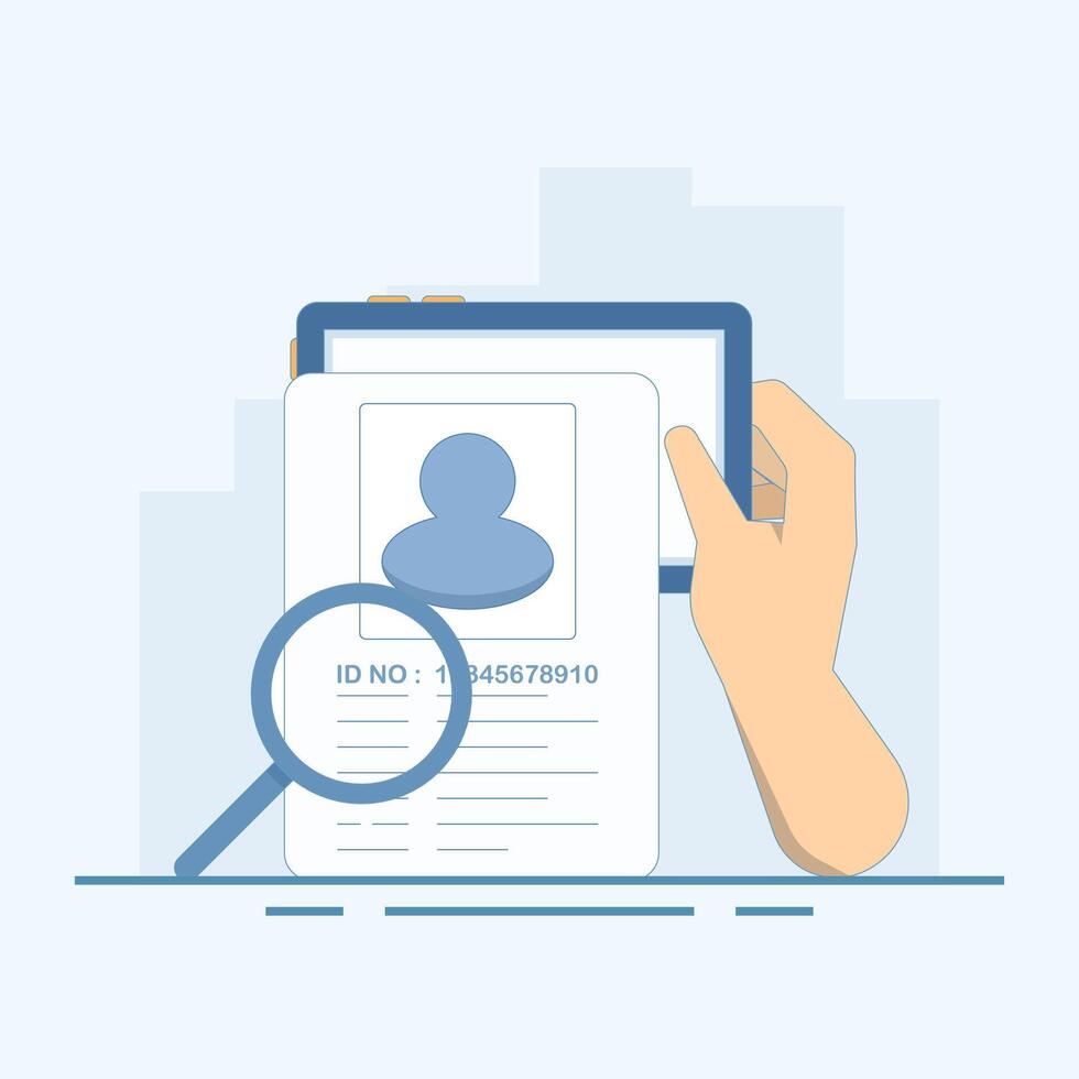 ID Verification Concept. Mobile Phone with Magnifying Glass. Ideal for security, technology, biometrics, subscription services, identity, workflow authentication. Flat Cartoon Design Illustration. vector