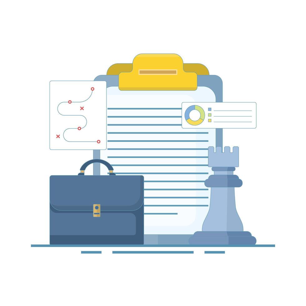 Business Strategy Concept. Clipboard with Chess Pieces, Business strategy planning, marketing tactics or winning strategy to achieve target, Briefcase. Flat cartoon design illustration. vector