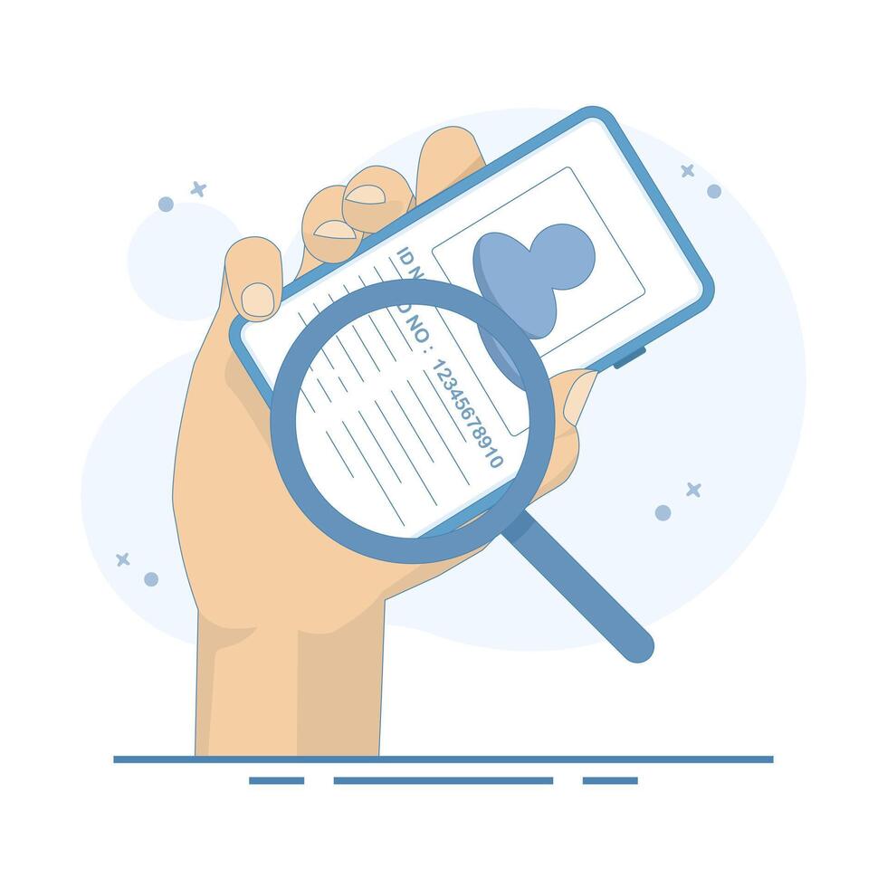 ID Verification Concept. Mobile Phone with Magnifying Glass. Ideal for security, technology, biometrics, subscription services, identity, workflow authentication. Flat Design Illustration. vector