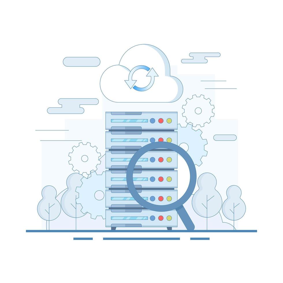 Big Data Analysis Concept. Data Server with Magnifying Glass. Big data analysis with virtual database, digital information research, data processing and analysis with software, data center. vector