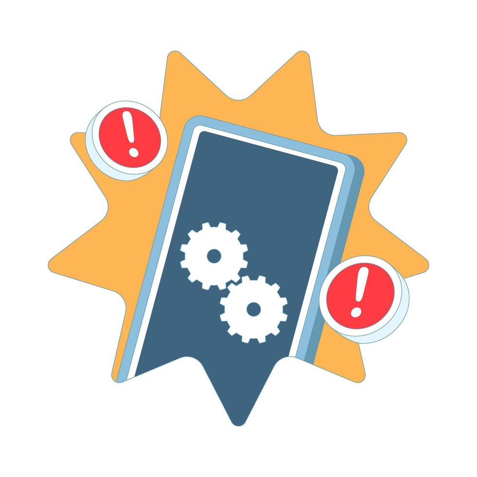 App update notification concept. Smartphone with gear and exclamation mark, Perfect for UI design, mobile apps, software updates and technology. Flat design illustration. vector