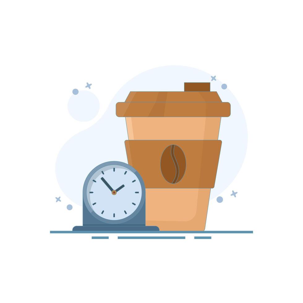 Break Time, Clock and Coffee Cup Concept. It's time to take a break, it's time to drink coffee to relax and refresh yourself from prolonged stress, free from boredom. Flat cartoon design illustration. vector