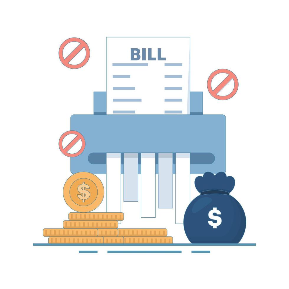 Concept of no hidden fees or charges. Paper money is destroyed by paper shredder. For subscription based business services to ensure transparency and clarity of billing. Flat design illustration vector