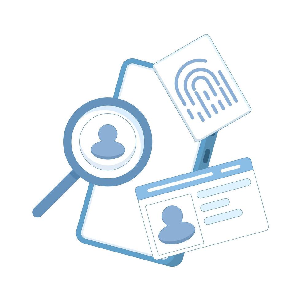Secure digital authentication concept. Identity verification process with ID card, biometric data fingerprint, smartphone, and user photo, for fintech, cybersecurity, KYC. Flat illustration. vector