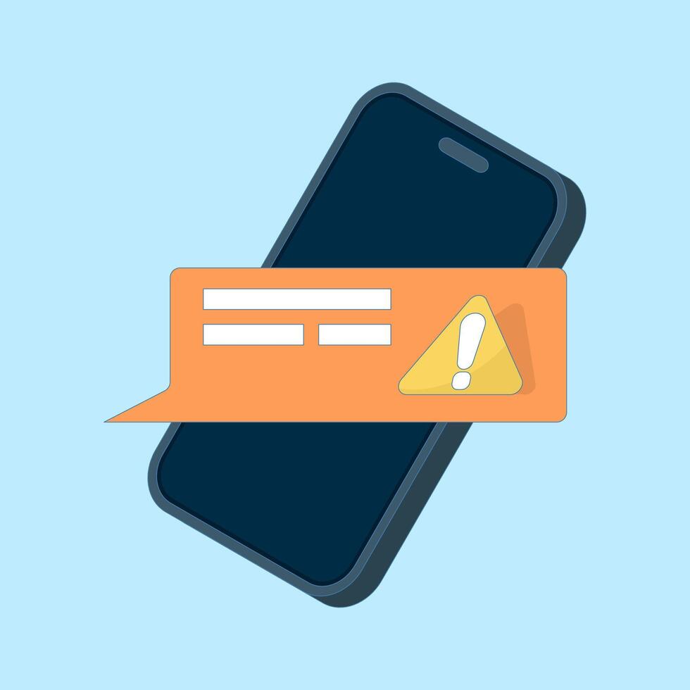 Smartphone screen with chat bubbles and exclamation marks, representing warning messages, security alerts for unusual account activity. Flat design illustration in the background. vector