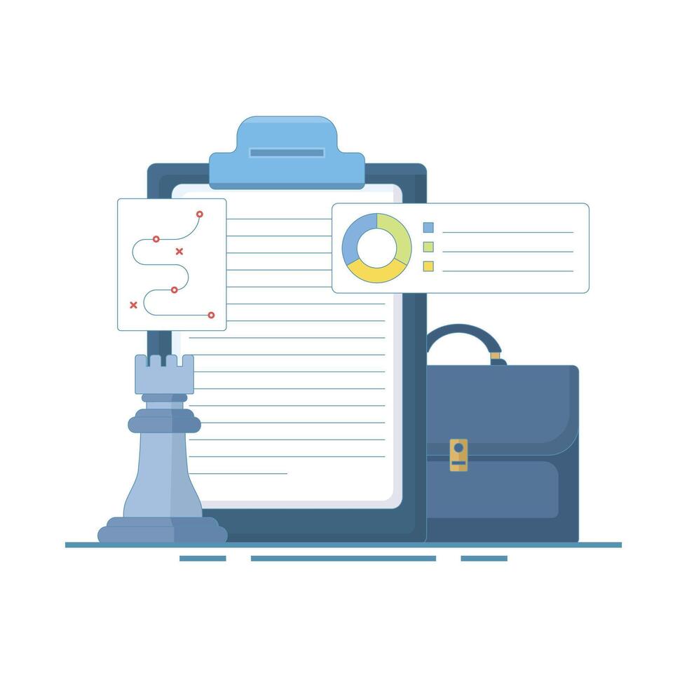 Business Strategy Concept. Clipboard with Chess Pieces, Business strategy planning, marketing tactics or winning strategy to achieve target, Briefcase. Flat Design Illustration. vector